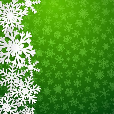 Christmas illüstrasyon yeşil arka plan üzerinde gölgeler ile büyük beyaz kar taneleri ile