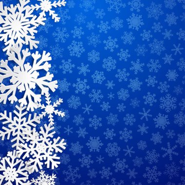 Christmas illüstrasyon mavi arka plan üzerinde gölgeler ile büyük beyaz kar taneleri ile