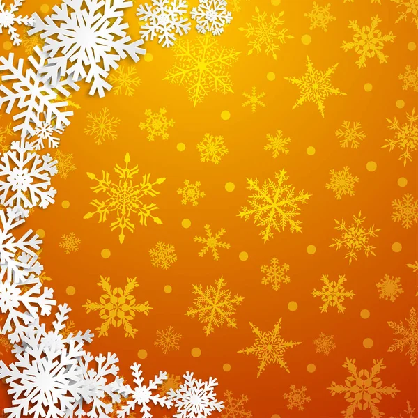 Рождественская Иллюстрация Полукругом Больших Белых Снежинок Тенями Желтом Фоне — стоковый вектор