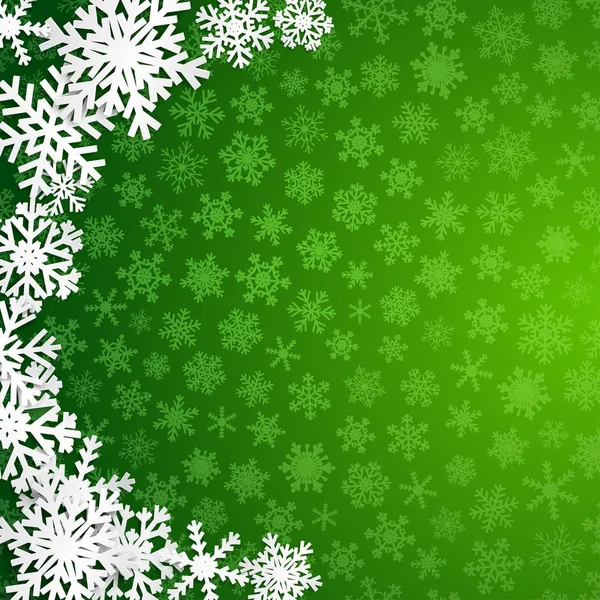 Рождественская Иллюстрация Полукругом Больших Белых Снежинок Тенями Зеленом Фоне — стоковый вектор