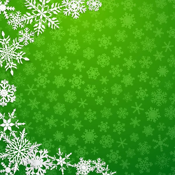 Рождественская Иллюстрация Полукругом Больших Белых Снежинок Тенями Зеленом Фоне — стоковый вектор