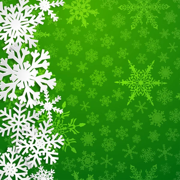 Рождественская Иллюстрация Большими Белыми Снежинками Тенями Зеленом Фоне — стоковый вектор