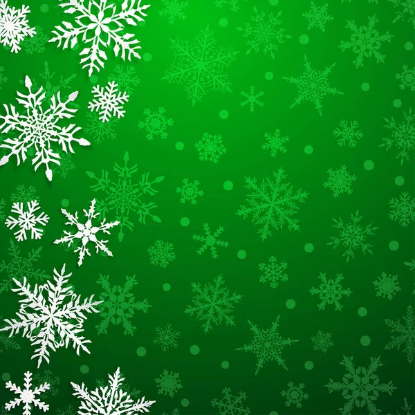 Рождественская Иллюстрация Большими Белыми Снежинками Тенями Зеленом Фоне — стоковый вектор