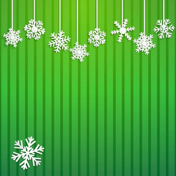 Різдвяна Ілюстрація Білими Висячими Сніжинками Смугастому Зеленому Фоні — стоковий вектор