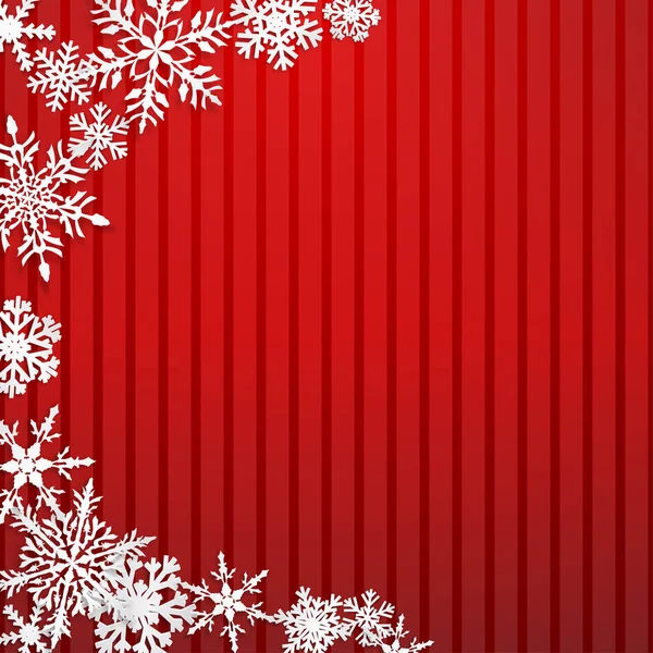 Рождественская Иллюстрация Полукругом Больших Белых Снежинок Тенями Полосатом Красном Фоне — стоковый вектор