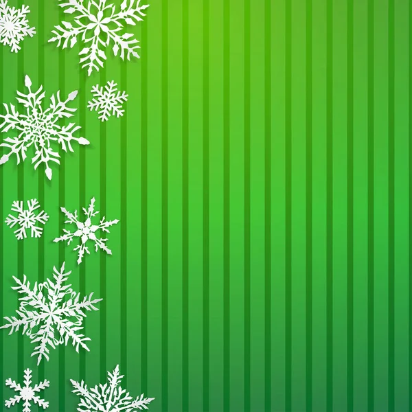 Різдвяна Ілюстрація Великими Білими Сніжинками Тінями Смугастому Зеленому Фоні — стоковий вектор