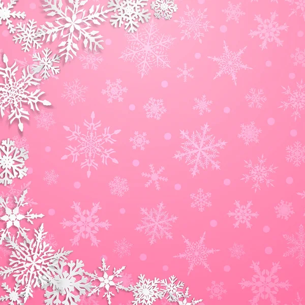 Рождественская Иллюстрация Полукругом Больших Белых Снежинок Тенями Розовом Фоне — стоковый вектор
