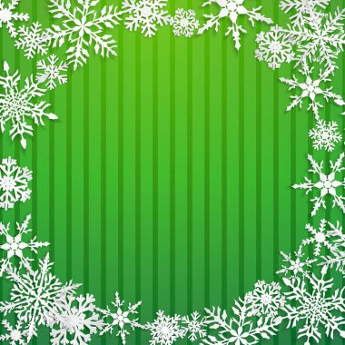 Daire çerçeve ile Noel Illustration gölgeler çizgili yeşil zemin üzerine büyük beyaz kar taneleri