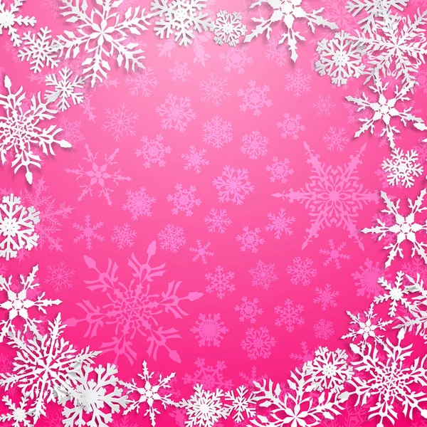 Рождественская Иллюстрация Круговой Рамкой Больших Белых Снежинок Тенями Розовом Фоне — стоковый вектор
