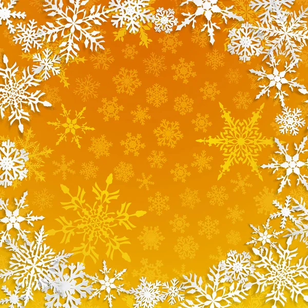Рождественская Иллюстрация Круговой Рамкой Больших Белых Снежинок Тенями Желтом Фоне — стоковый вектор