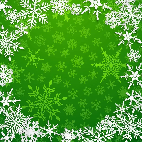 Рождественская Иллюстрация Круговой Рамкой Больших Белых Снежинок Тенями Зеленом Фоне — стоковый вектор
