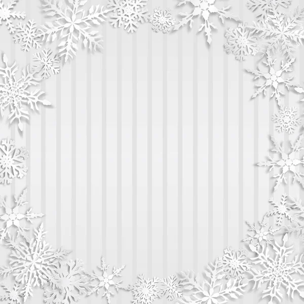 Kerstmis Illustratie Met Cirkelframe Van Grote Witte Sneeuwvlokken Met Schaduwen — Stockvector
