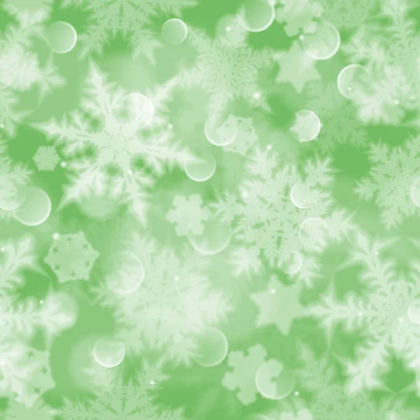 圣诞节无缝图案与白色模糊的雪花 眩光和火花在绿色背景 — 图库矢量图片