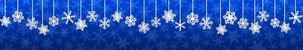 Boże Narodzenie Bezszwowe Baner Biały Wiszący Płatki Śniegu Cienie Niebieskim — Wektor stockowy