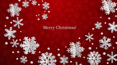 Christmas illüstrasyon kırmızı zemin üzerine beyaz üç boyutlu kağıt kar taneleri ile