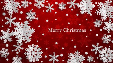 Christmas illüstrasyon kırmızı zemin üzerine beyaz üç boyutlu kağıt kar taneleri ile