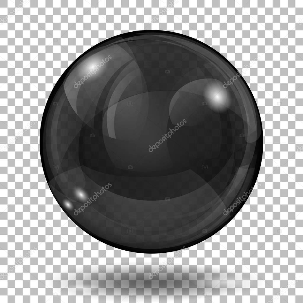 Big translucent black sphere with glares and shadow on transparent background. Transparency only in vector format