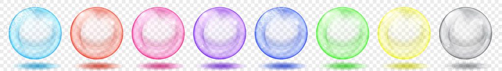 Set of translucent colored spheres with glares and shadows on transparent background. Transparency only in vector format