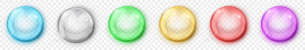 Set of translucent colored spheres with glares and shadows on transparent background. Transparency only in vector format