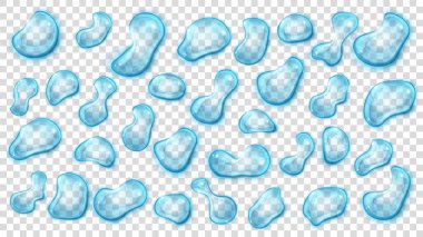 Hafif mavi şeffaf su damla şeffaf arka plan üzerinde izole gölgeli farklı şekiller kümesi. Saydamlığı Vektör formatında