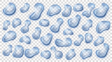 Mavi şeffaf su damla şeffaf arka plan üzerinde izole gölgeli farklı şekiller kümesi. Saydamlığı vektör formatında