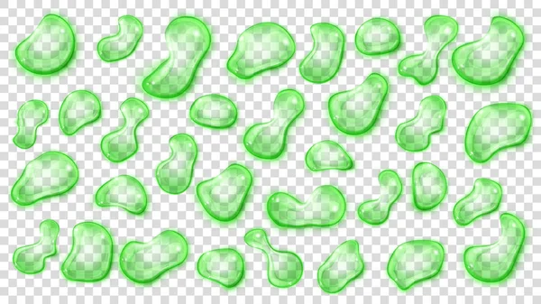 Набір Зелених Напівпрозорих Крапель Води Різних Форм Тінями Ізольовані Прозорому — стоковий вектор