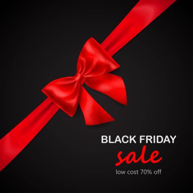 Kırmızı yay ile gölge ve siyah arka plan üzerinde yazıt siyah Cuma satışı ile çapraz şerit