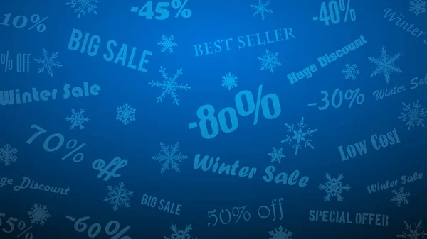 背景的冬季折扣和特别优惠 由雪花和铭文 在蓝色的颜色 — 图库矢量图片