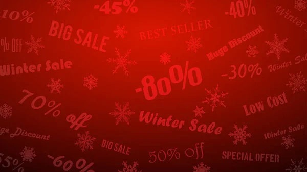 背景的冬季折扣和特别优惠 由雪花和铭文 在红色的颜色 — 图库矢量图片
