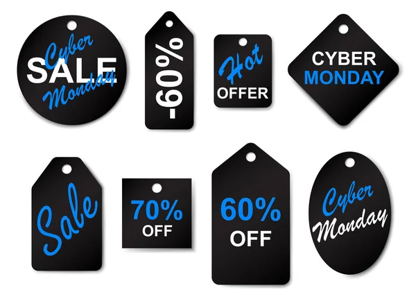 Set Cyber Monday Sale Labels Tags Black Blue Colors — Stock Vector