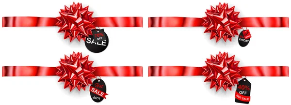 販売ラベル 水平方向のリボン 白い背景の上のタグを赤の弓のセット — ストックベクタ