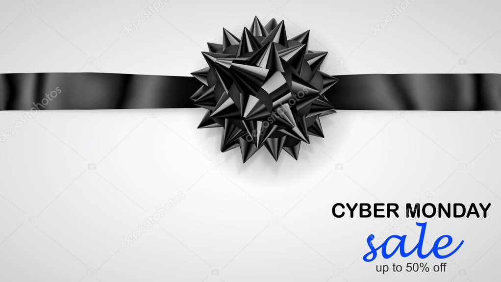 Black bow with horizontal ribbon with shadow and inscription Cyber Monday Sale on white background