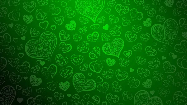 Фон Больших Маленьких Сердец Орнаментом Кудрей Цветов Зеленых Тонах — стоковый вектор