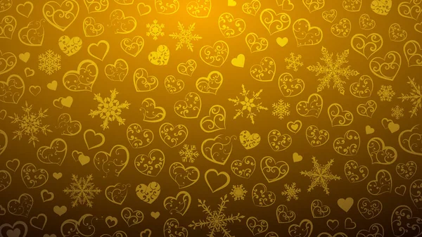 Fondo Copos Nieve Corazones Con Adorno Rizos Colores Dorados — Vector de stock