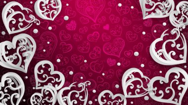 Arka plan ile bukleler ve konfeti, mor üzerinde beyaz kağıt hacmi yürekleri