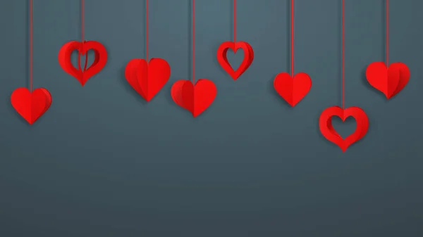 Fond Avec Des Coeurs Suspendus Volume Papier Rouge Sur Gris — Image vectorielle