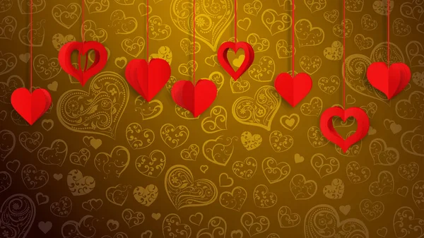 Hintergrund Mit Hängendem Papierband Herzen Rot Auf Gold — Stockvektor