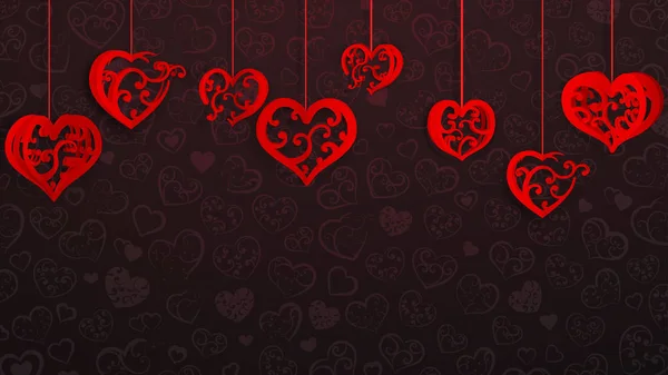 Hintergrund Mit Hängendem Papierband Herzen Mit Locken Rot Auf Dunkelweinig — Stockvektor