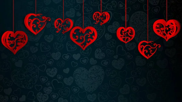 Hintergrund Mit Hängendem Papierband Herzen Mit Locken Rot Auf Dunkelblau — Stockvektor