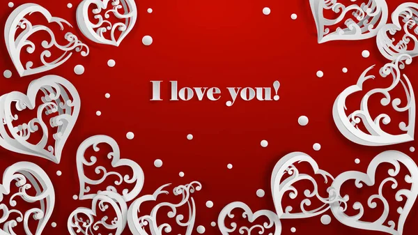 Фон Бумажными Сердечками Конфетти Надписью Love You White Red — стоковый вектор