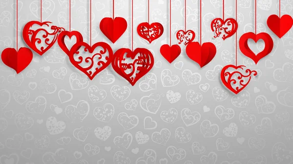 Hintergrund Mit Hängendem Papierband Herzen Mit Locken Rot Auf Grau — Stockvektor