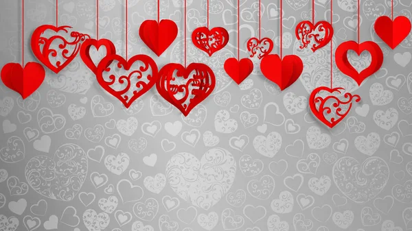 Hintergrund Mit Hängendem Papierband Herzen Mit Locken Rot Auf Grau — Stockvektor