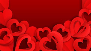 Arka plan delik, kırmızı renklerde birçok kağıt hacmi yürekleri