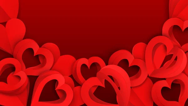 Arka Plan Delik Kırmızı Renklerde Birçok Kağıt Hacmi Yürekleri — Stok Vektör