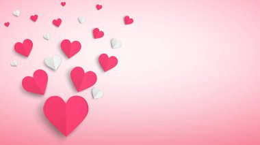 Arka plan ile birçok kağıt hacmi kalpler, kırmızı ve beyaz pembe üzerinde