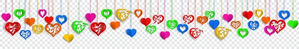 Horizontal Banner Many Colored Hanging Paper Volume Hearts Curls Transparent — Stock Vector