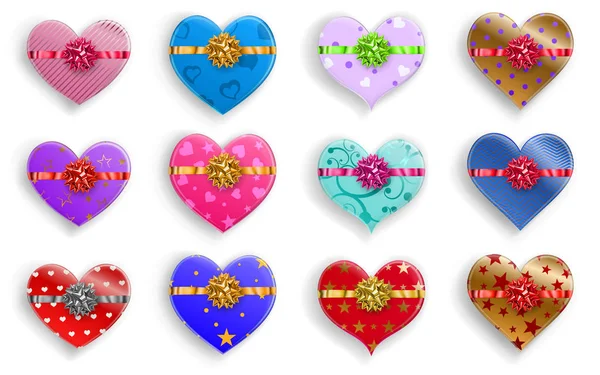 Set Heart Shaped Colorful Gift Boxes Ribbons Bows Various Patterns — Stock Vector