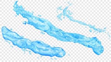 Set of translucent realistic water jets or splashes with drops in light blue colors, isolated on transparent background. Transparency only in vector file clipart