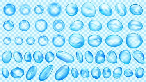 Set Licht Blauwe Doorschijnende Waterdruppels Bellen Van Verschillende Vormen Geïsoleerd — Stockvector