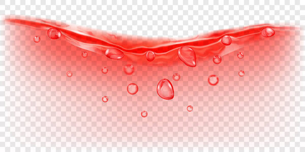 Translucent water wave in red colors with air bubbles and drops, isolated on transparent background. Transparency only in vector file